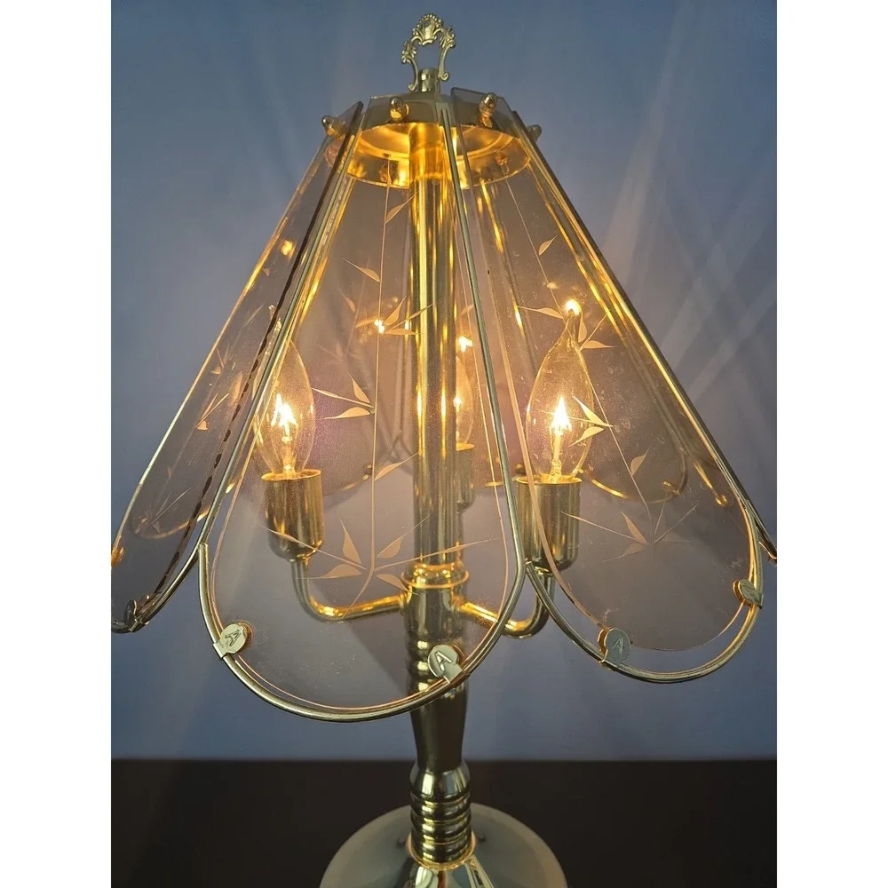 Vtg 8 Panel Touch Lamp Light Flowers Etched Smoked Glass Gold Tone Working 22